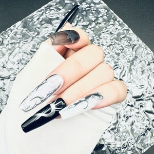 Handmade Press on Nails Black Brown White Punk Style, Star and Heart Pattern Fake Nail for Wedding, Luxury Nails Accessory
