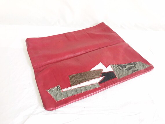 Vintage 80's Red Leather Envelope Clutch Purse - image 4