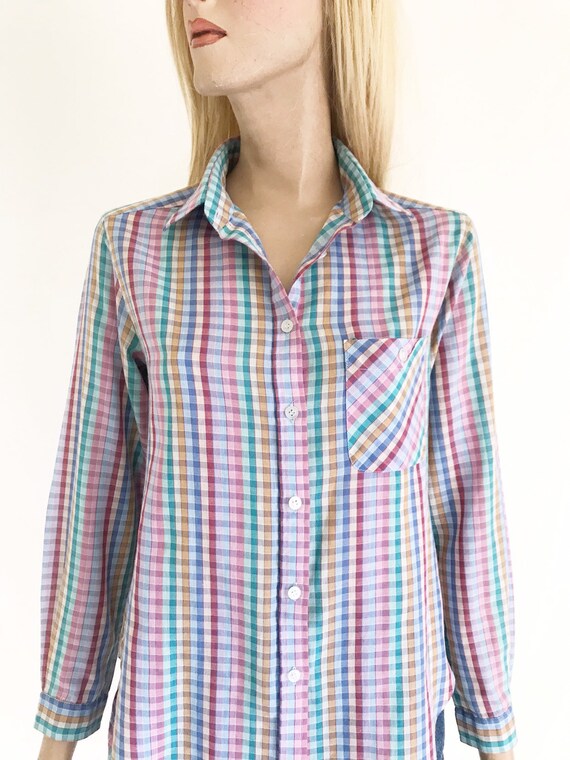 Vintage 70's Cotton Checkered Blouse. Size Small - image 1