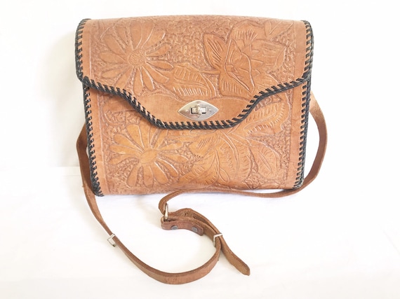 Vintage 1960s Hippie Tooled Leather Purse Boho Saddle Bag Acorns & Oak  Leaves