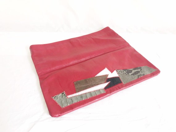 Vintage 80's Red Leather Envelope Clutch Purse - image 7