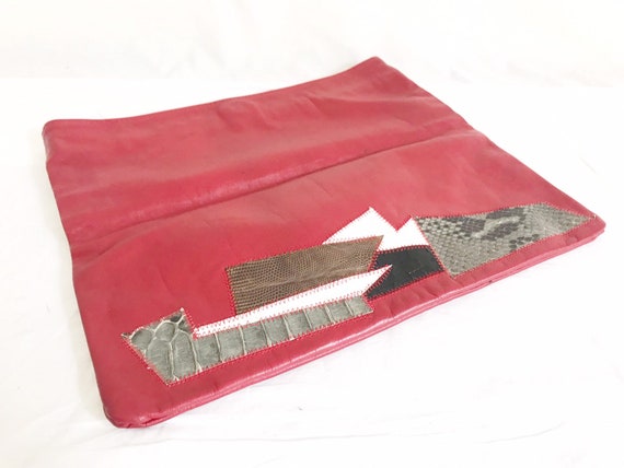 Vintage 80's Red Leather Envelope Clutch Purse - image 5