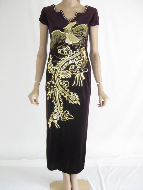 Vintage 90's Velvet and Beaded Maxi Dress. Size S… - image 3