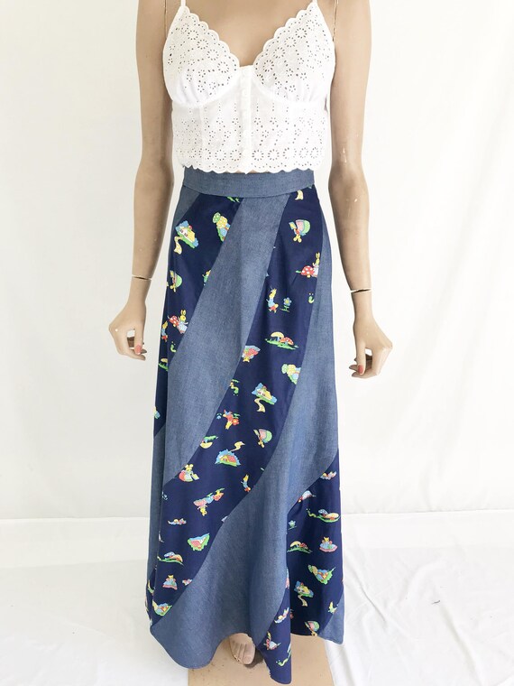 Vintage 70's Denim Hippie Boho Maxi Skirt - image 3