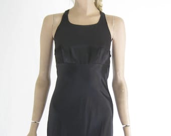 Vintage 90's Black Satin Open Back Tank Dress. Size X Small