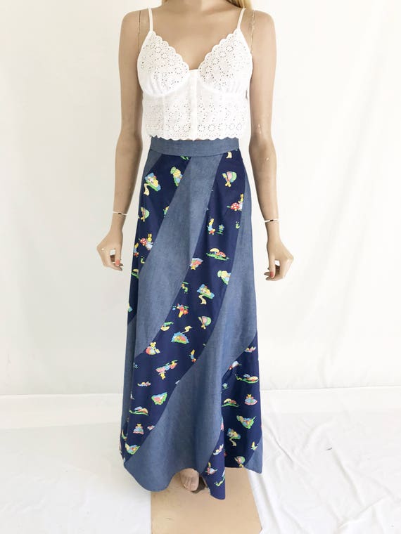 Vintage 70's Denim Hippie Boho Maxi Skirt