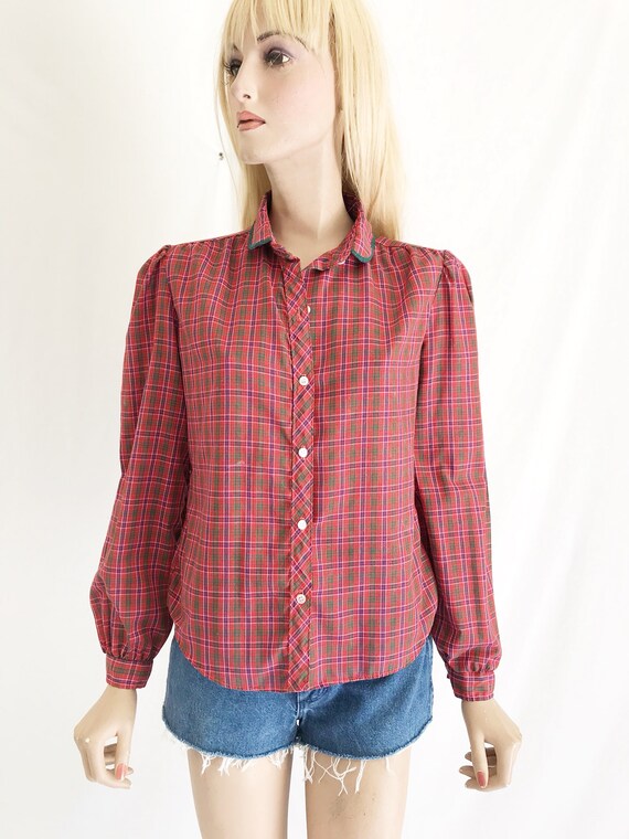 Vintage 70's/80's Plaid Cotton Blouse. Size Small - image 2