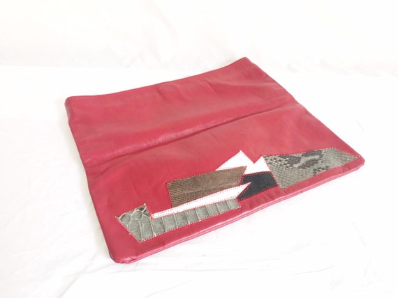 Vintage 80's Red Leather Envelope Clutch Purse - image 10