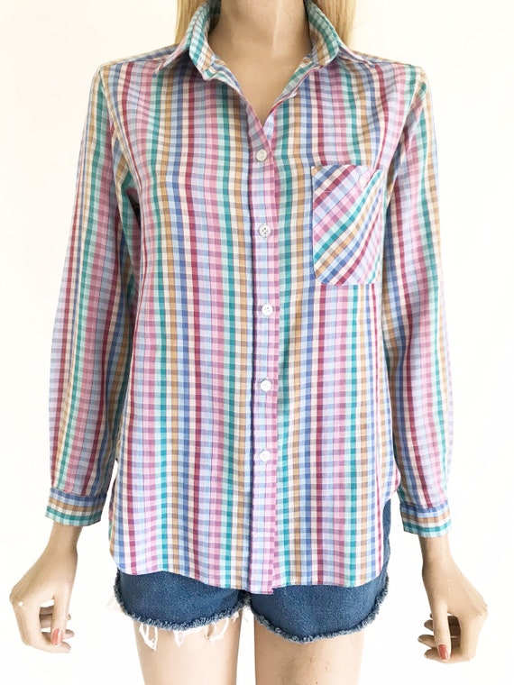 Vintage 70's Cotton Checkered Blouse. Size Small - image 2