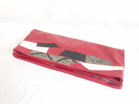 Vintage 80's Red Leather Envelope Clutch Purse - image 3