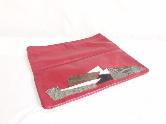 Vintage 80's Red Leather Envelope Clutch Purse - image 2