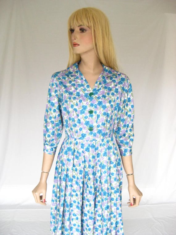 Vintage 50s Blue Floral Day Dress.  Size Medium - image 1