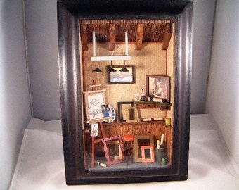 Artist / Painter Wooden Shadow Box, Detailed Wood Art, Hand Made, Home Decor