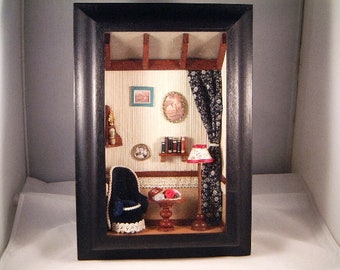 Grandma's Corner / Reading Room Wooden Shadow Box, Detailed Wood Art, Hand Made, Home Decor