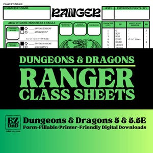 May include: Green and black printable Dungeons & Dragons Ranger class sheet for 5th edition. The sheet includes sections for character name, ability scores, saving throws, skills, proficiency bonus, passive perception, inspiration, experience points, and level.