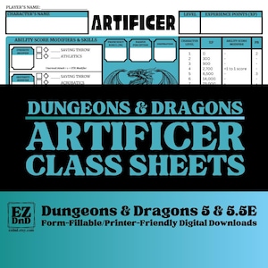 Può includere: Un foglio di personaggio Dungeons & Dragons stampabile per la classe Artificer. Il foglio è blu e nero con un'illustrazione di drago. Il foglio include sezioni per punteggi di abilità, tiri salvezza, abilità, bonus di competenza, percezione passiva, ispirazione, livello di personaggio, punti esperienza, modificatore di punteggio di abilità e bonus di competenza.