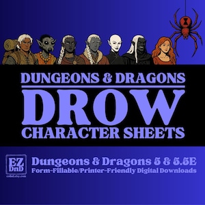 Puede incluir: Descarga digital para hojas de personajes Drow de Dungeons & Dragons. La imagen presenta ilustraciones de varios personajes Drow sobre el texto que dice "Dungeons & Dragons Drow Character Sheets". Una araña roja cuelga de la parte superior.