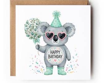 Koala Birthday Card, Funny Koala With Eucalyptus Balloon, Cute Happy Birthday Card, Square Greeting Card