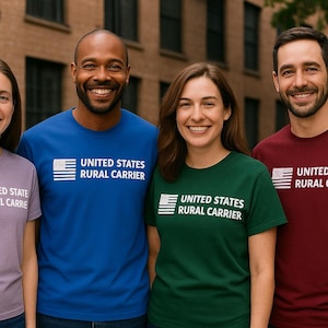 May include: Four short-sleeved crew neck t-shirts in lavender, blue, dark green, and maroon. Each shirt features a white graphic on the chest consisting of a stylized American flag icon and the text UNITED STATES RURAL CARRIER.