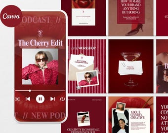 Op de afbeelding: Een collage van rode en witte afbeeldingen met tekst. De centrale afbeelding is een podcastafbeelding met de titel "The Cherry Edit" en een foto van een persoon met een zonnebril. Andere afbeeldingen bevatten tekst zoals "How to Make Your Brand Anything But Boring" en "Now Booking".