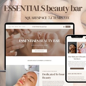 May include: A website mockup for a beauty bar called "Essentials Beauty Bar". The website features a light brown background with white text and images of people receiving beauty treatments. The website includes a call to action to book an appointment.