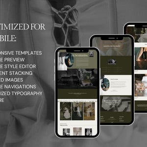 May include: A screenshot of a website on a mobile phone, showing a website for a wedding photographer. The website is optimized for mobile devices and features a clean, modern design with a dark green background and white text. The website includes a gallery of wedding photos, a contact form, and a blog.