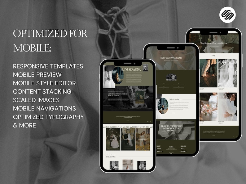 May include: A screenshot of a website on a mobile phone, showing a website for a wedding photographer. The website is optimized for mobile devices and features a clean, modern design with a dark green background and white text. The website includes a gallery of wedding photos, a contact form, and a blog.