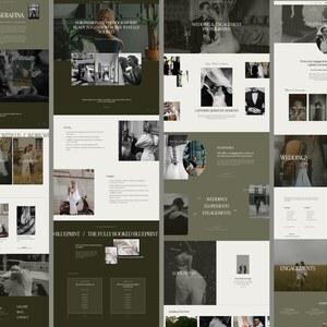 May include: A website homepage for a wedding and engagement photographer. The website features a dark green background with white text and images of couples in various poses. The website also includes a section for elopements, weddings, and engagements.