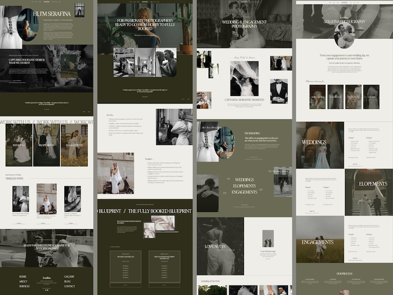 May include: A website homepage for a wedding and engagement photographer. The website features a dark green background with white text and images of couples in various poses. The website also includes a section for elopements, weddings, and engagements.