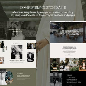 May include: Website mockup for a wedding and event planning business. The website features a clean, modern design with a focus on photography. The website includes images of couples, wedding venues, and event details. The website also includes text that describes the services offered by the business.
