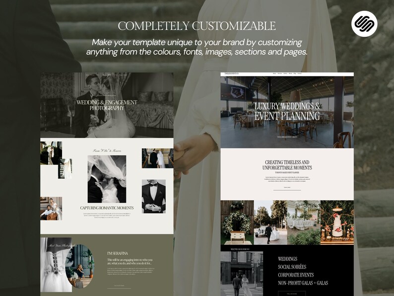 May include: Website mockup for a wedding and event planning business. The website features a clean, modern design with a focus on photography. The website includes images of couples, wedding venues, and event details. The website also includes text that describes the services offered by the business.