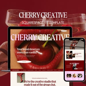 May include: A digital marketing image featuring a laptop and smartphone displaying a website design. The website showcases the text "CHERRY CREATIVE" and "Your brand deserves more than vanilla." The background is a deep red.