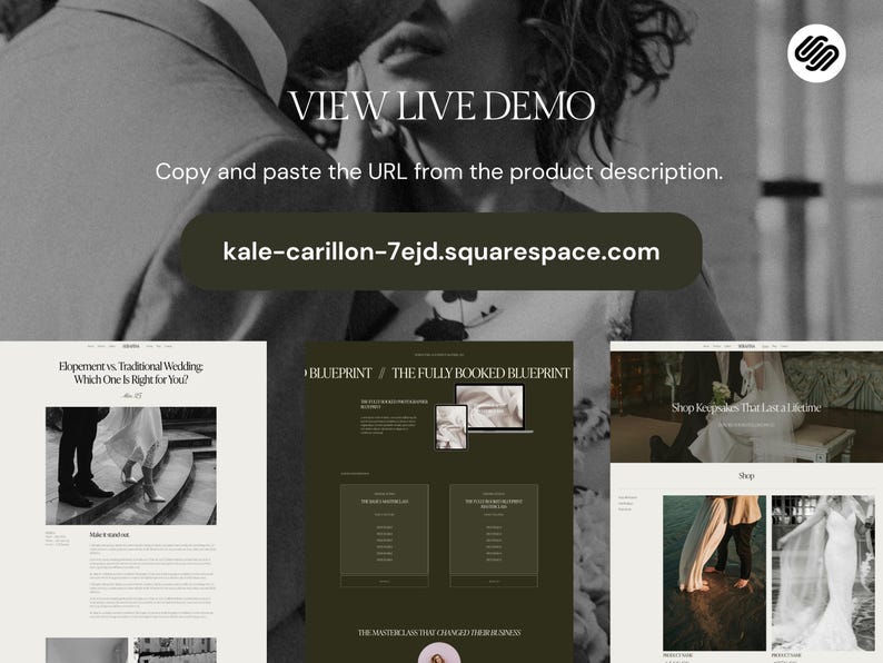 May include: A website screenshot showing a couple in a wedding photo, a blog post titled "Elopement vs. Traditional Wedding: Which One Is Right for You?" and a website page titled "The Fully Booked Blueprint".