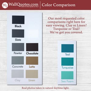 May include: Color comparison chart showing different shades of paint colors, including black, slate, pewter, chocolate, concrete, latte, clay, linen, teal, turquoise, and sea foam. The chart is labeled "Color Comparison" and "Real photos taken in natural daytime light."