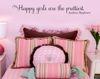 Audrey Hepburn Quote Wall Decal: Happy Girls are Prettiest, Inspirational Vinyl Art