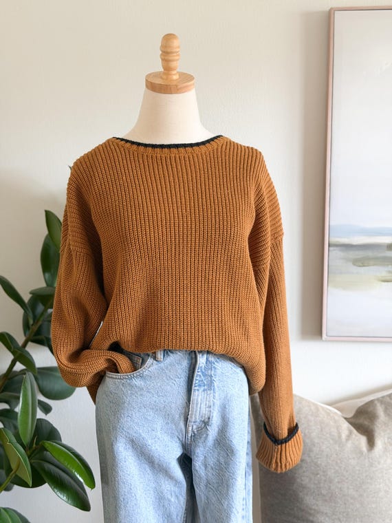 Perry Ellis, Vintage 90s Perry Ellis America Chunky Knit Sweater XL | Caramel Brown Cotton Ramie Pullover | Oversized Grandpa Sweater