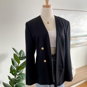 Vintage Rena Rowan Black Virgin Wool Blazer, 90s Double Breasted Jacket