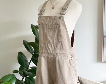 Vintage Y2K GAP Factory Khaki Short Overalls Beige Cotton Utility Dungarees Carpenter Romper Minimalist Casual Summer, Oversized