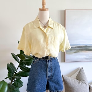Vintage Butter Yellow Irish Linen Button Up Shirt | Liz Claiborne Linen Blouse XL | Butter Mom Coastal Grandma Granola Girl Minimalist Summe