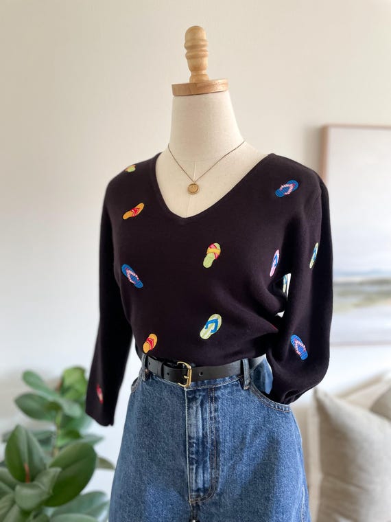 Y2K Embroidered Flip Flop Knit Sweater - Vintage 2000s Style - Etsy