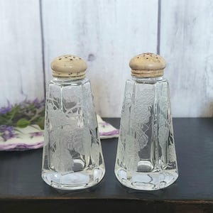 Antique Etched Glass Salt and Pepper Shakers