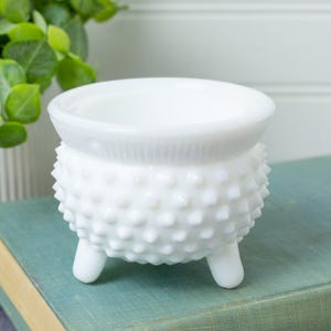 Vintage Fenton Milk Glass Hobnail Mustard Pot, Mini Cauldron Bowl