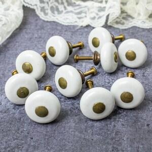 Vintage White Ceramic Cabinet Knobs with Antique Brass Base - 10pcs