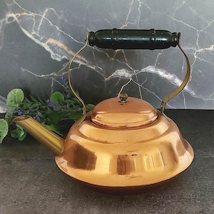 Vintage Copper Tea Kettle with Wood Handle - Large Antique Copper Teapot