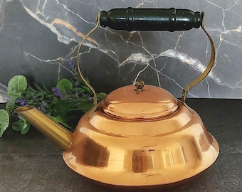 Vintage Copper Tea Kettle with Wood Handle - Large Antique Copper Teapot