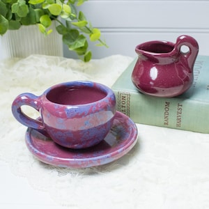 Bybee Pottery Rare Maroon Oxblood Mini Pitcher & Mulberry Spongeware Cup with Saucer