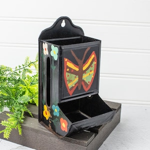 Vintage Tin Black Matchbox Holder with Hand-painted Flowers and Butterfly
