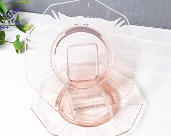 Set of 2 Vintage Pink Depression Cambridge Nonagon Glass Salad Plates