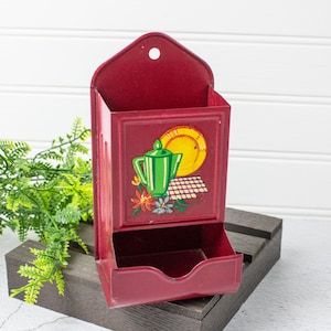 Vintage Tin Red Matchbox Holder with Kitchen Decal