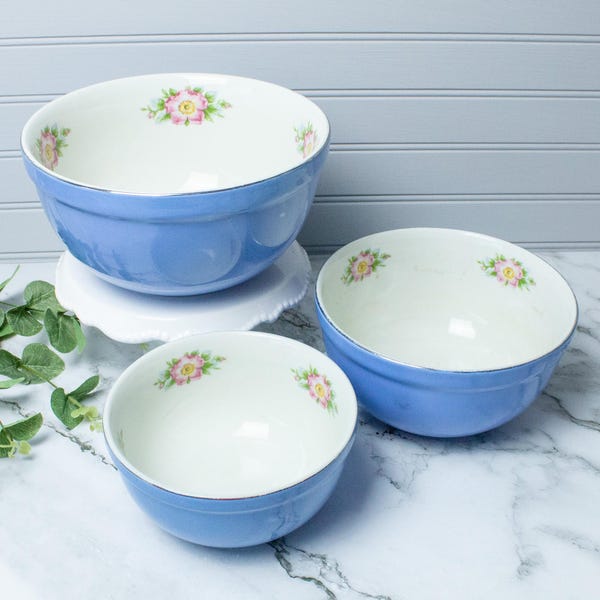 Vintage Hall's Rose Parade Mixing Nesting Bowls Set, Cadet Blue and Floral Kitchenware